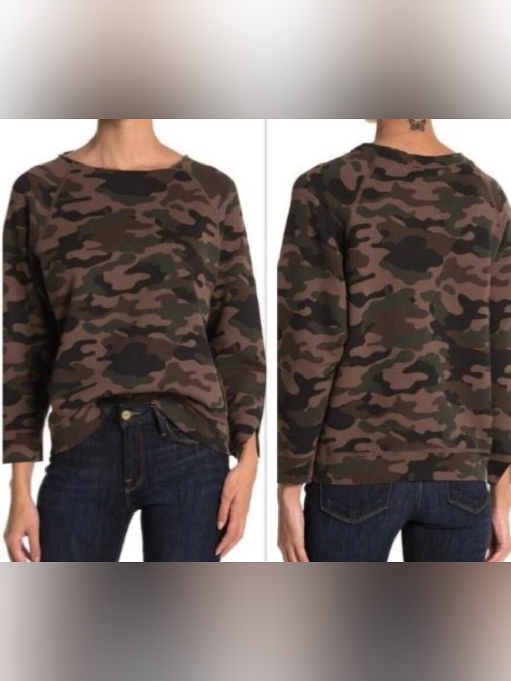 Nili Lotan LUKA SCOOP NECK SWEATSHIRT BROWN CAMOUFLAGE size XS
